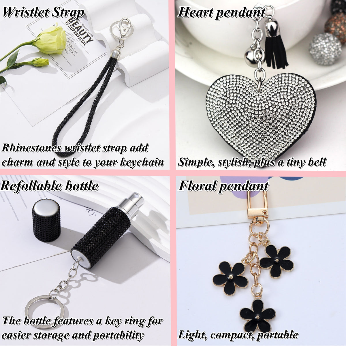 BATUMEYE Gift Keychain Set for Women Including Wrist Strap, Heart Accessory, Petal Decor and Pom Pom Cowprint