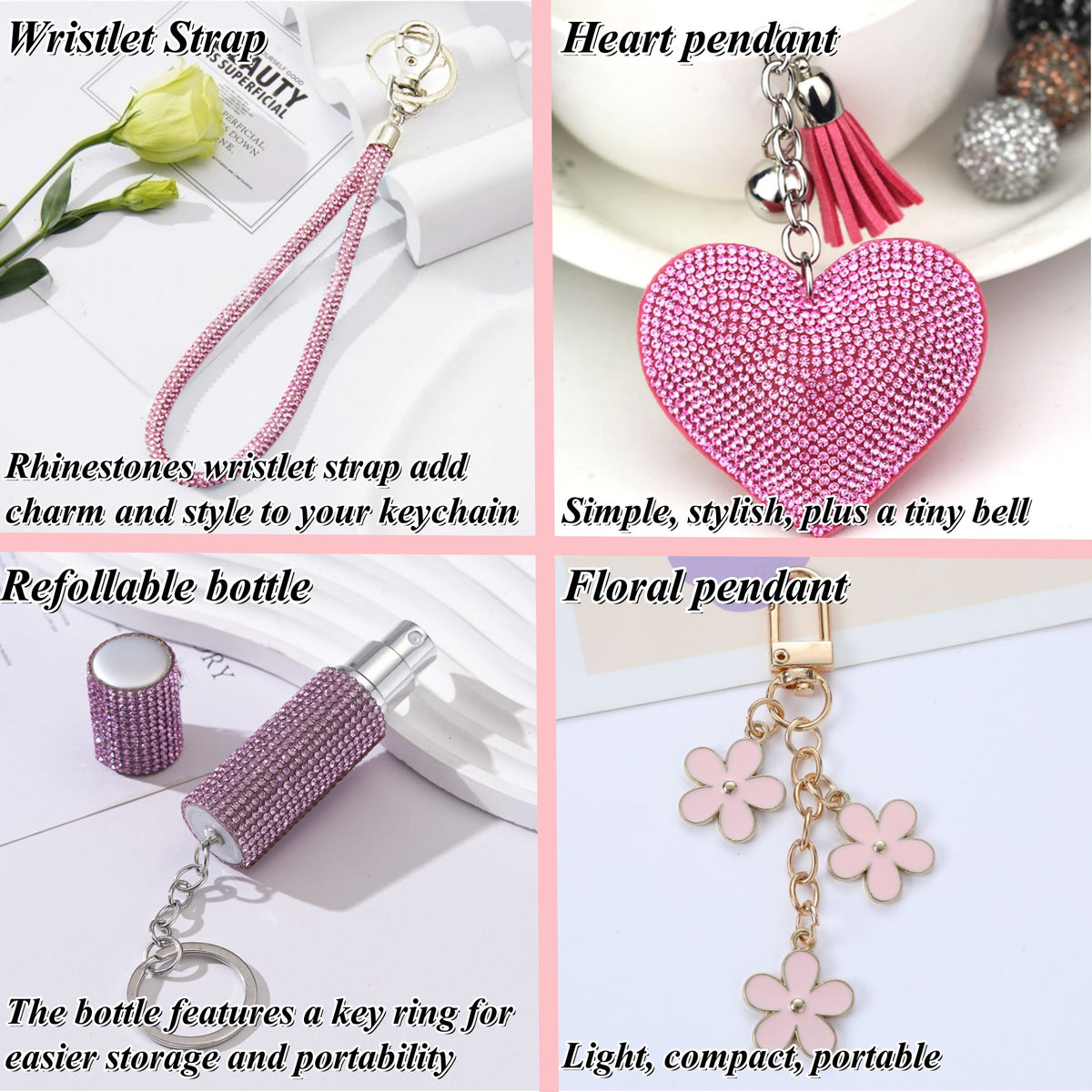 BATUMEYE Gift Keychain Set for Women Including Wrist Strap, Heart Accessory, Petal Decor and Pom Pom Pink