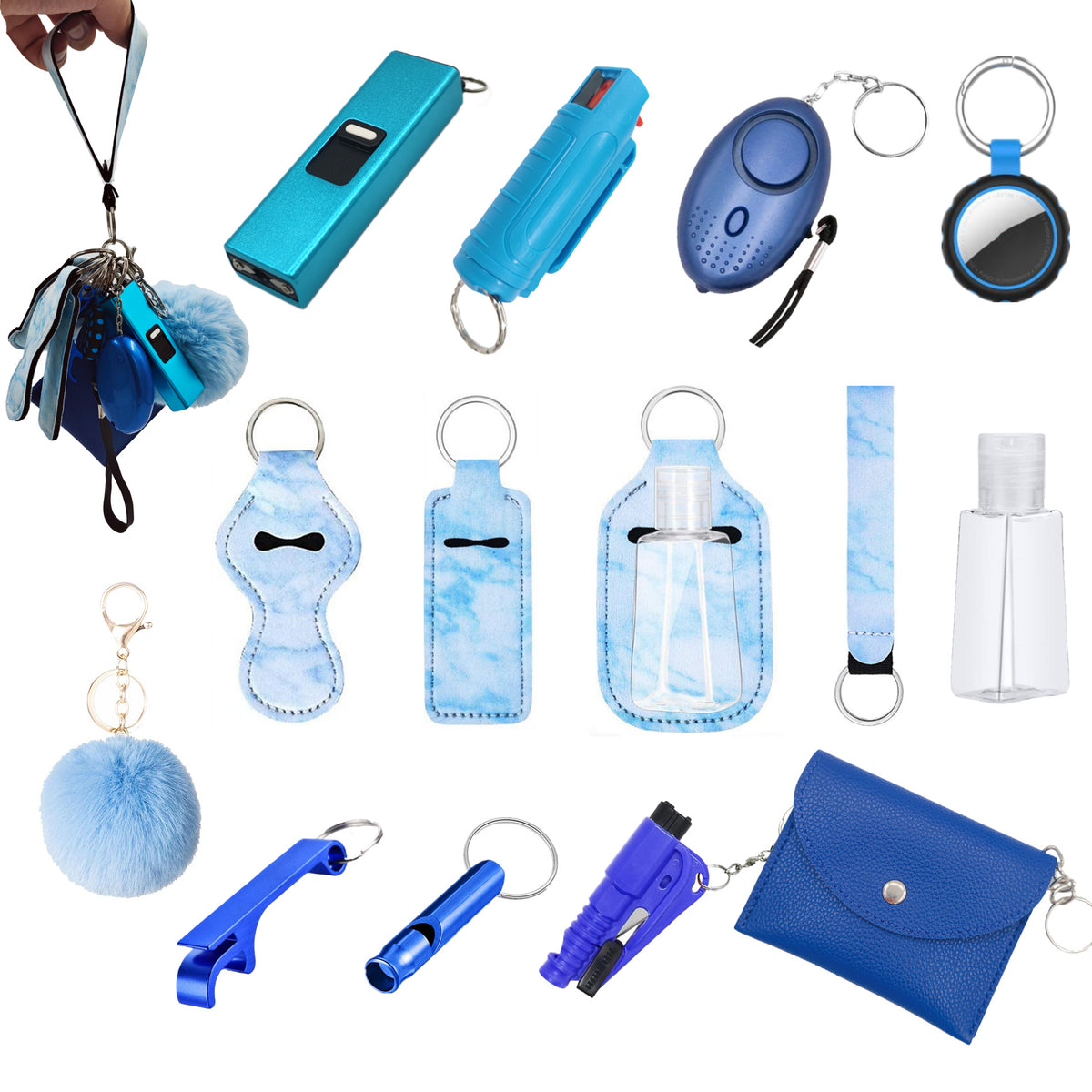 BATUMEYE Gift Set for Woman with Pom Pom Ball, Lip Balm Lanyard, Card Holder, Whistle, Travel Bottle Holder, BottleOpen,  Seatbelt Cutter Marble Blue