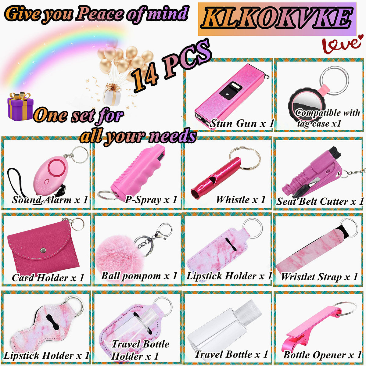 BATUMEYE Gift Set for Woman with Pom Pom Ball, Lip Balm Lanyard, Card Holder, Whistle, Travel Bottle Holder, BottleOpen,  Seatbelt Cutter Marble Pink