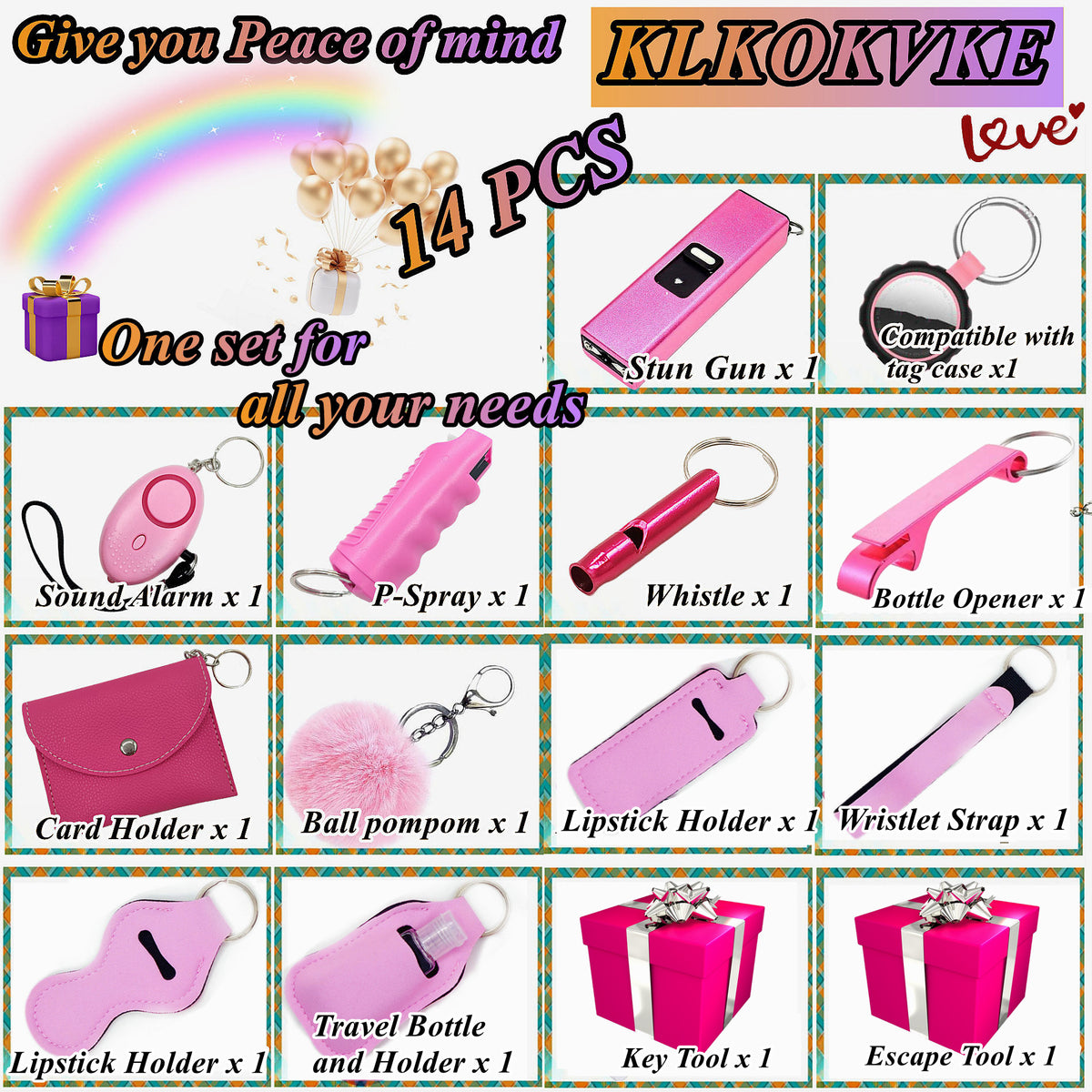 BATUMEYE Gift Set for Woman with Pom Pom Ball, Lip Balm Lanyard, Card Holder, Whistle, Travel Bottle Holder, BottleOpen Pink