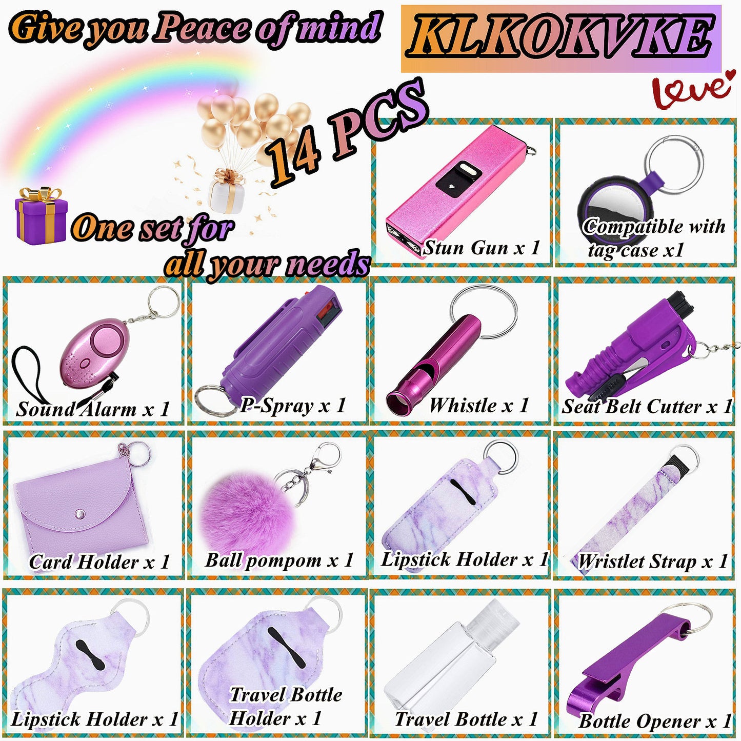 BATUMEYE Gift Set for Woman with Pom Pom Ball, Lip Balm Lanyard, Card Holder, Whistle, Travel Bottle Holder, BottleOpen,  Seatbelt Cutter Marble Purple
