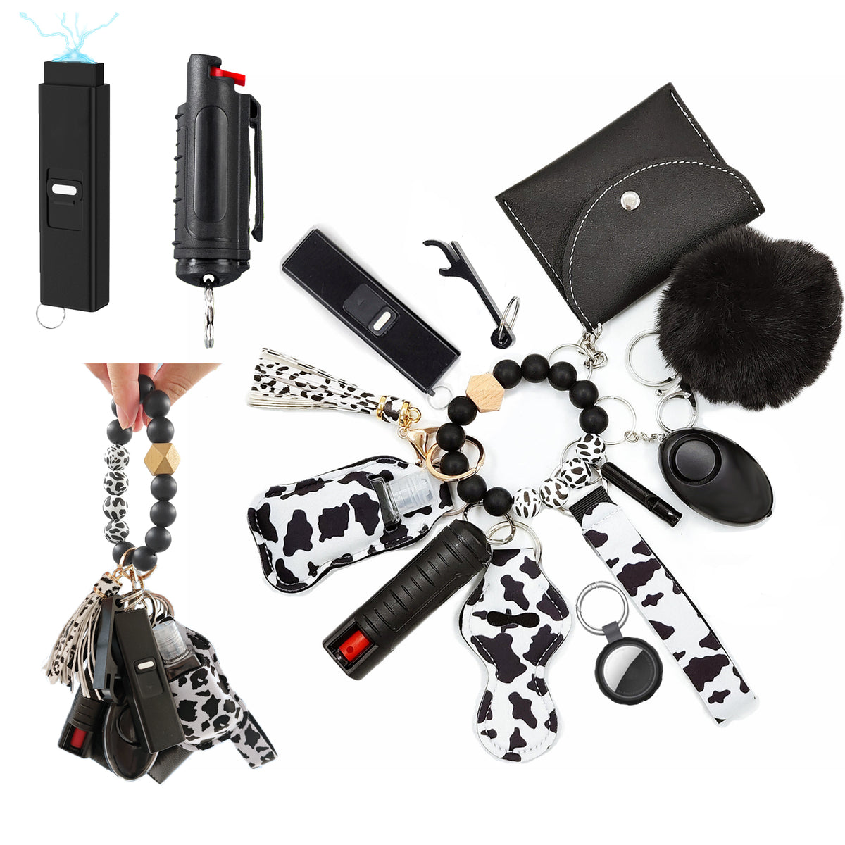 BATUMEYE Gift Set for Woman with Pom Pom Ball, Lip Balm Lanyard, Card Holder, Whistle, Travel Bottle Holder, BottleOpen Cowprint