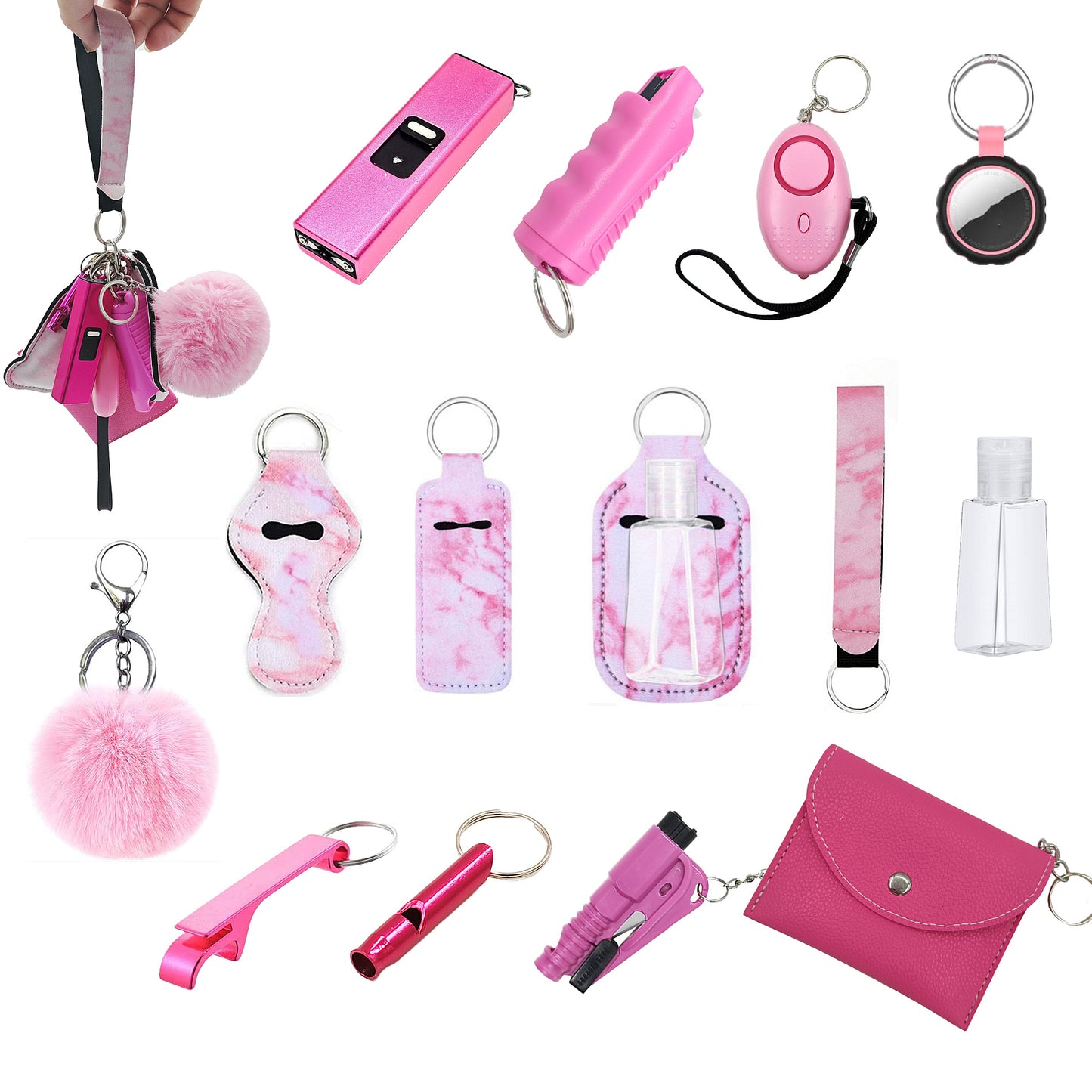 BATUMEYE Gift Set for Woman with Pom Pom Ball, Lip Balm Lanyard, Card Holder, Whistle, Travel Bottle Holder, BottleOpen,  Seatbelt Cutter Marble Pink