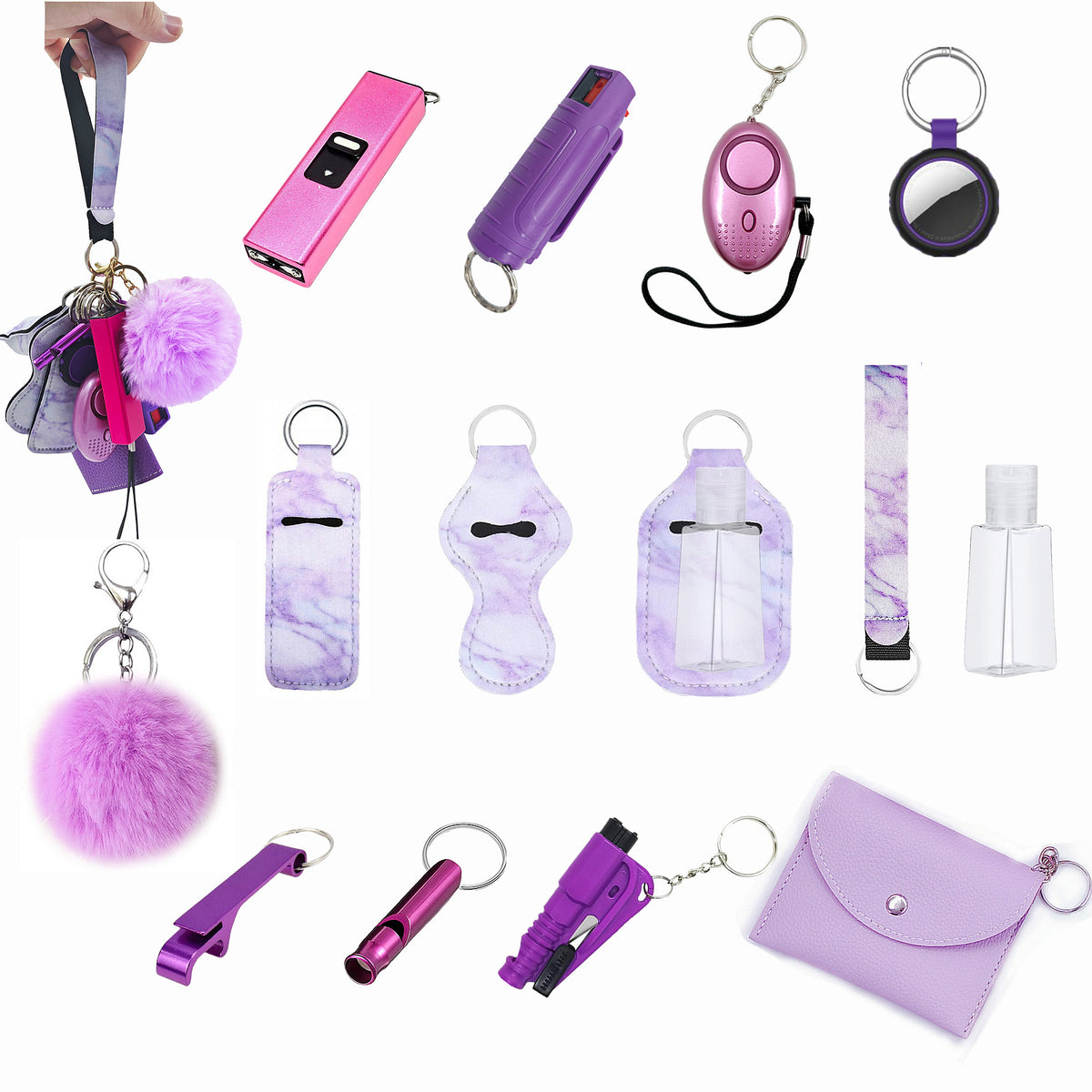 BATUMEYE Gift Set for Woman with Pom Pom Ball, Lip Balm Lanyard, Card Holder, Whistle, Travel Bottle Holder, BottleOpen,  Seatbelt Cutter Marble Purple